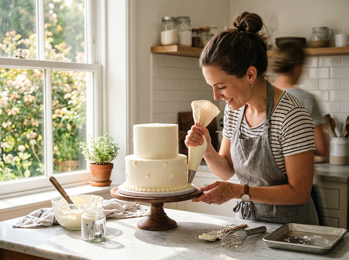 Baker decorating cake